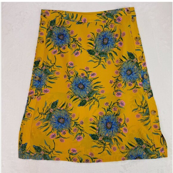 Madewell Yellow Floral 100% Silk Skirt Painted Blooms Side Button Spring Easter - Picture 8 of 14
